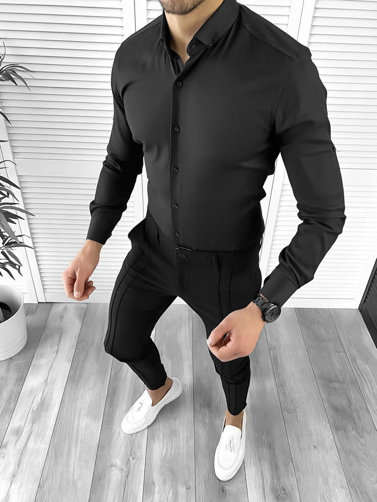 Camașă Slim Fit Neagră Bărbați | Butoni Cadou Incluși