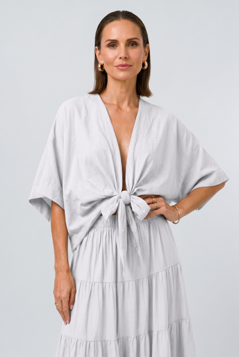 Blazer tip kimono din bumbac fin cu inchidere prin innodare, alb