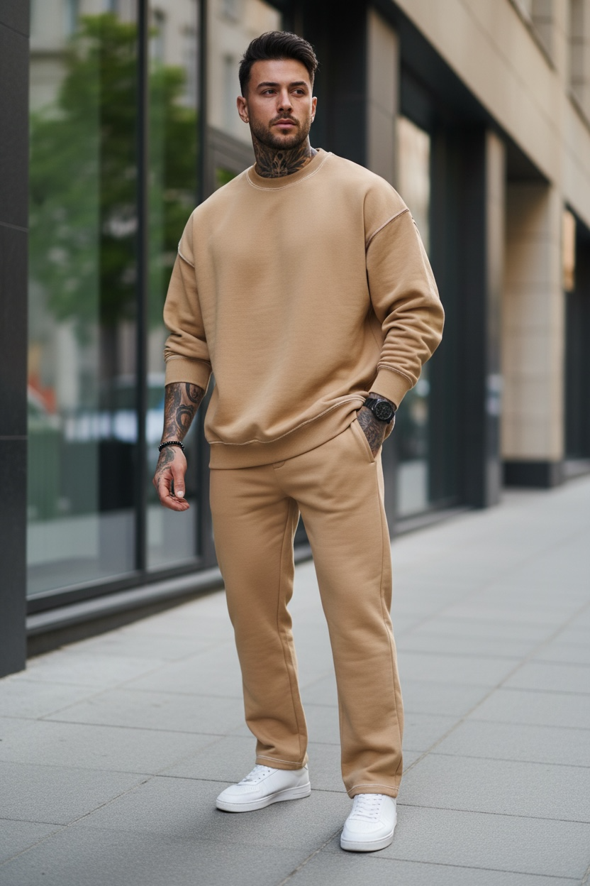 Trening Barbati Slim Fit Crem Bumbac Premium
