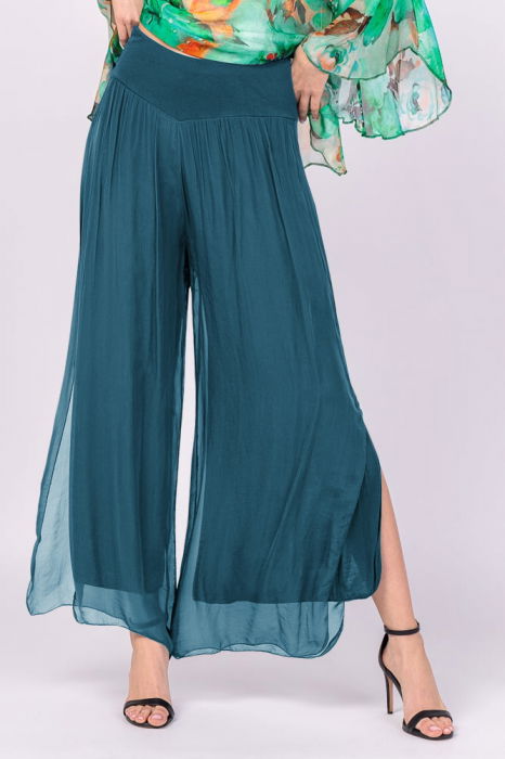 Pantaloni turcoaz Shopika din mătase luxuriantă