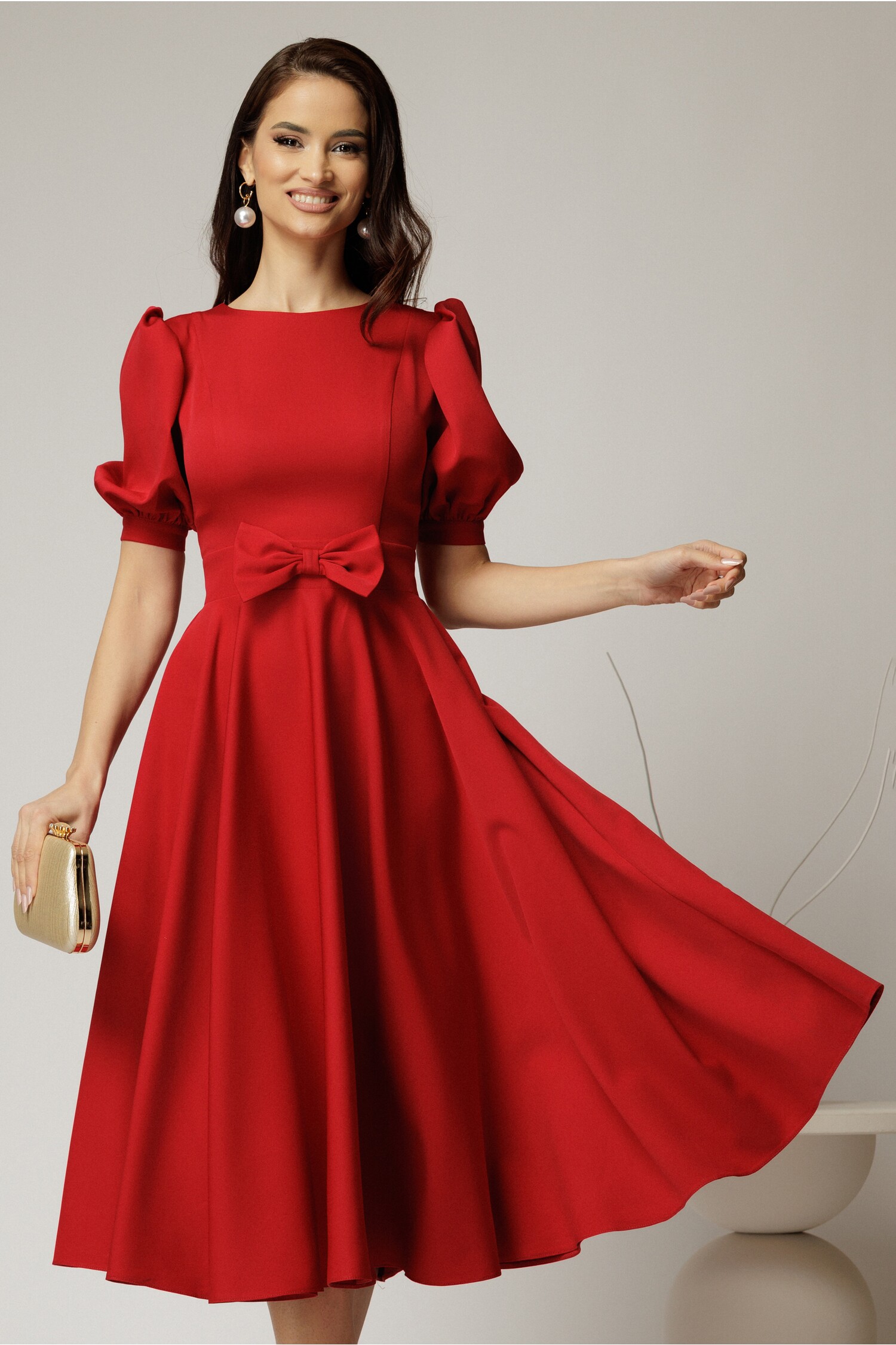 Rochie Rosie Eleganta din Stofa cu Clos si Funda