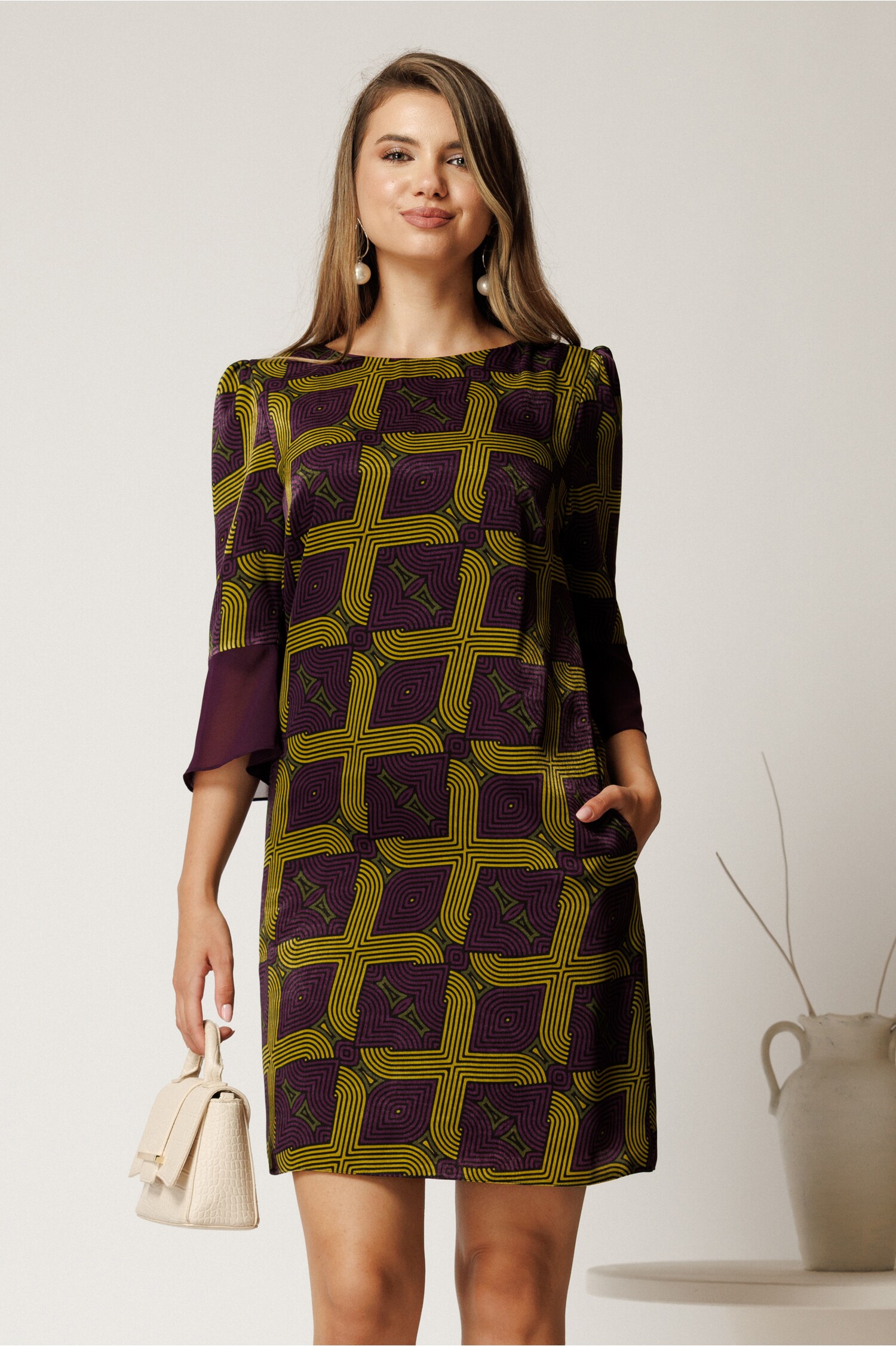 Rochie mov voal cu imprimeu lime - Eleganță maximă