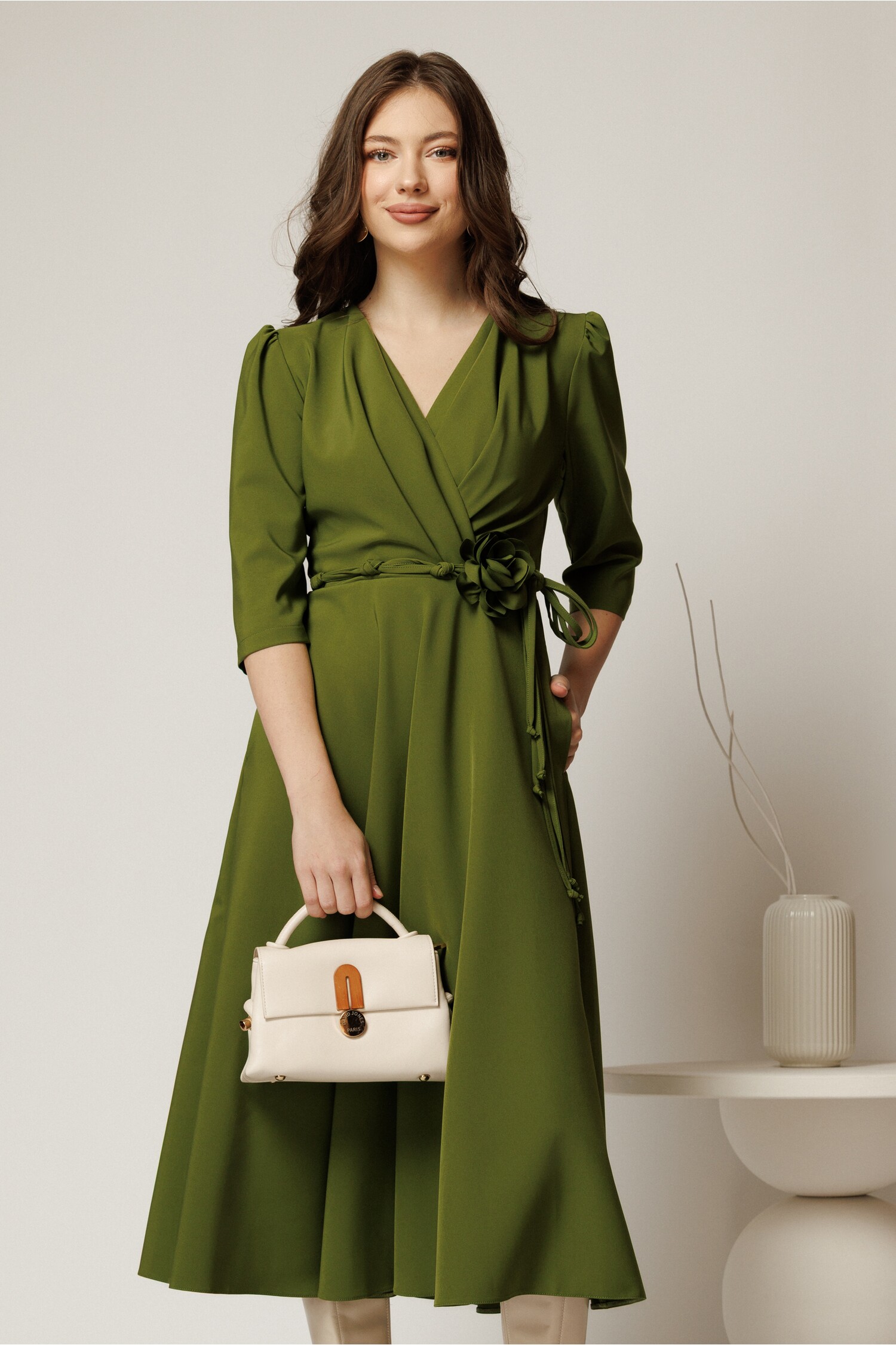 Rochie Midi Verde Fistic Eleganta cu Talie Marcata
