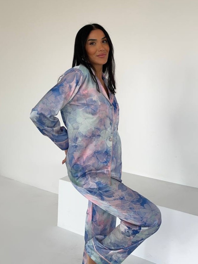 Set Pijama Dama Delis 2 Piese Albastru Floral - imagine 5
