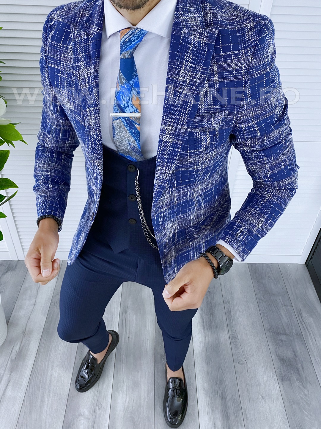 Sacou Bărbătesc Carouri Albastru Slim Fit