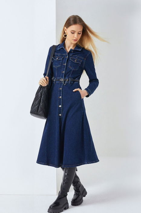 Rochie Cămașă Denim cu Curea - Stil Casual-Elegant