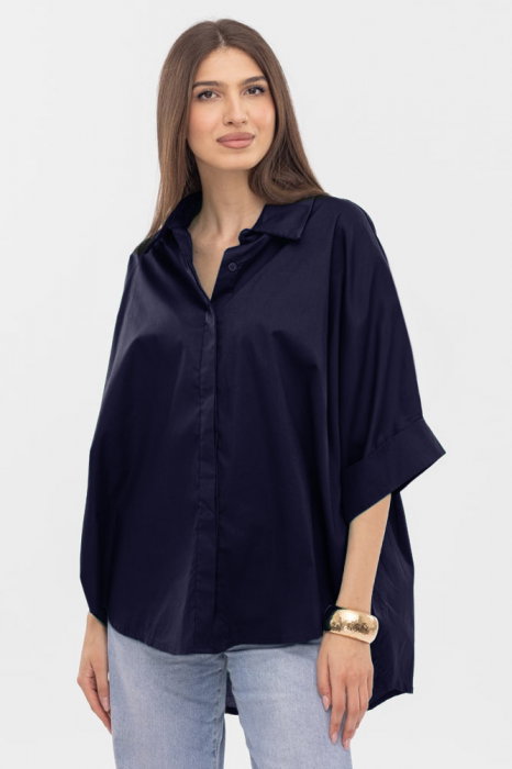 Camasa oversize bleumarin din poplin satinat  de bumbac, cu maneca lunga