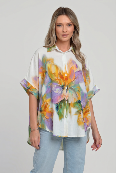 Camasa oversize cu maneca scurta din in si vascoza, imprimeu artistic pastel