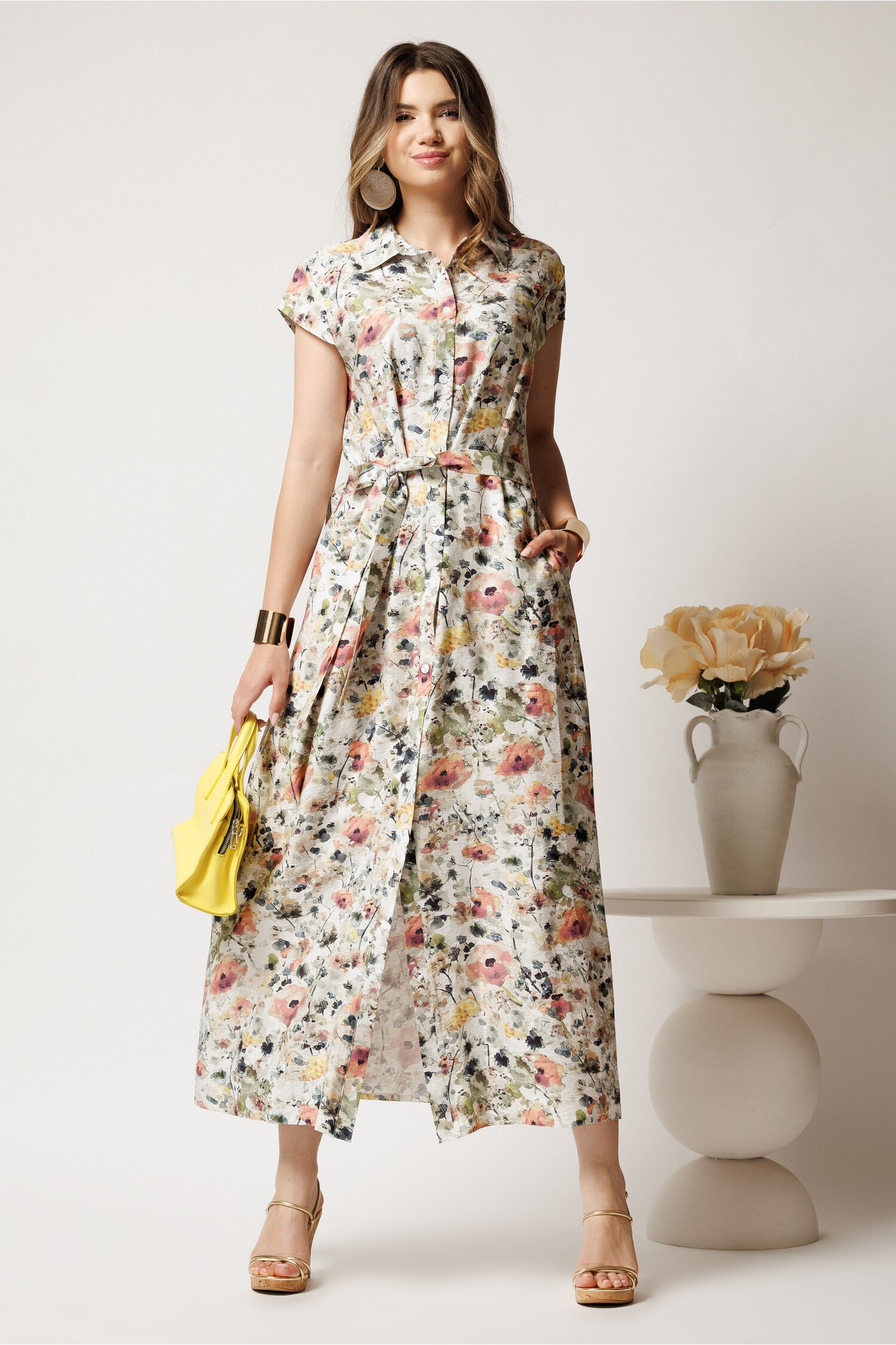 Rochie In Floral Ivory cu Cordon - Eleganță Naturală