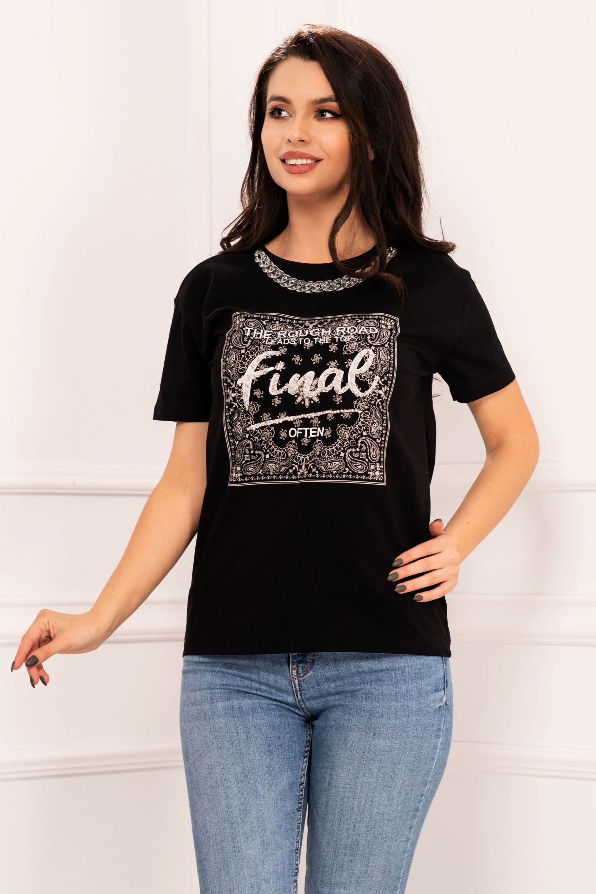 Tricou Negru cu Strassuri Inpuff | Elegant si Chic