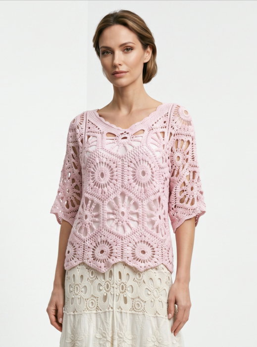 Bluza de vara cu broderie din bumbac, croi lejer, roz