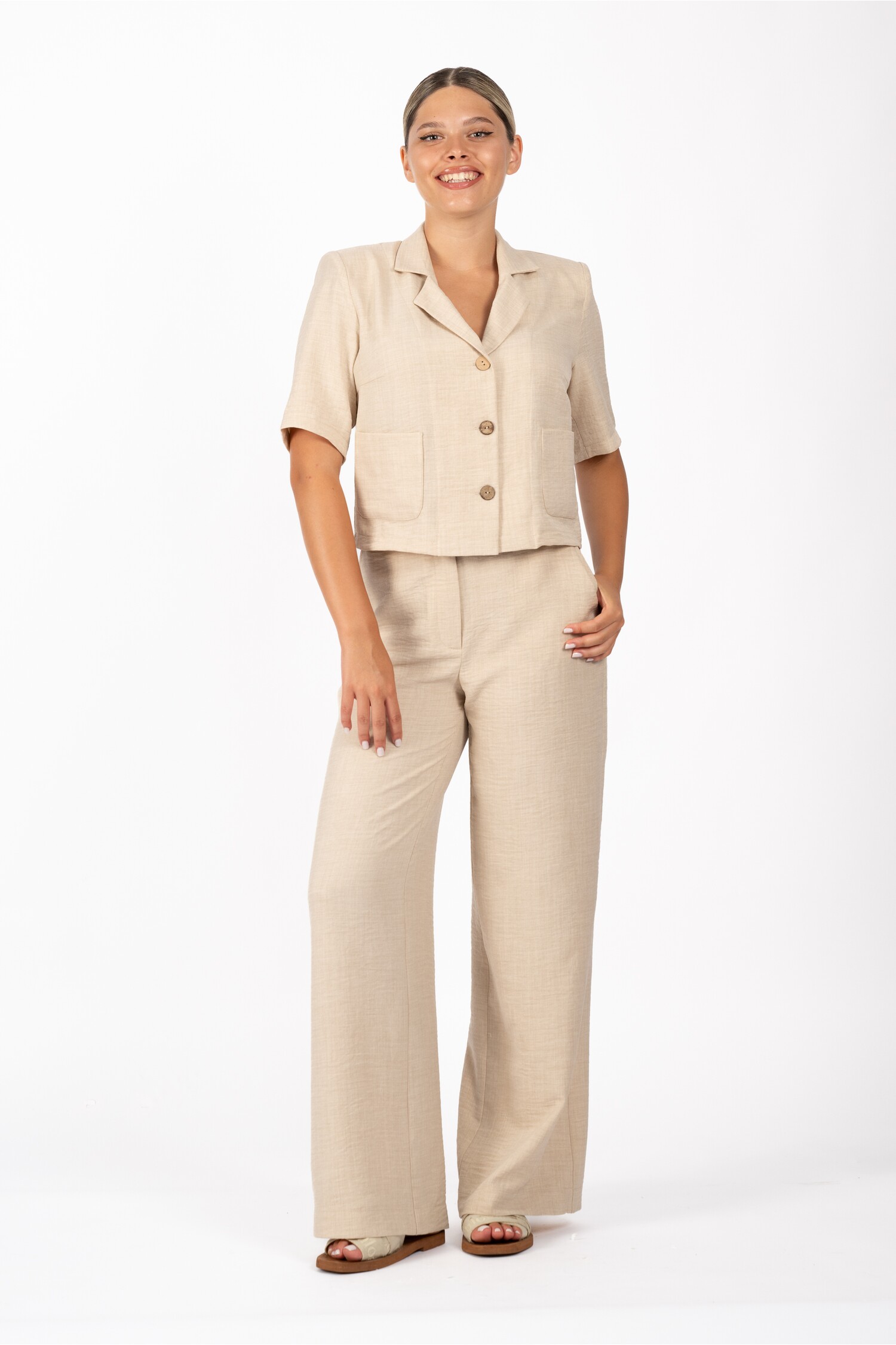 Pantaloni LaDonna bej lejeri cu talie înaltă