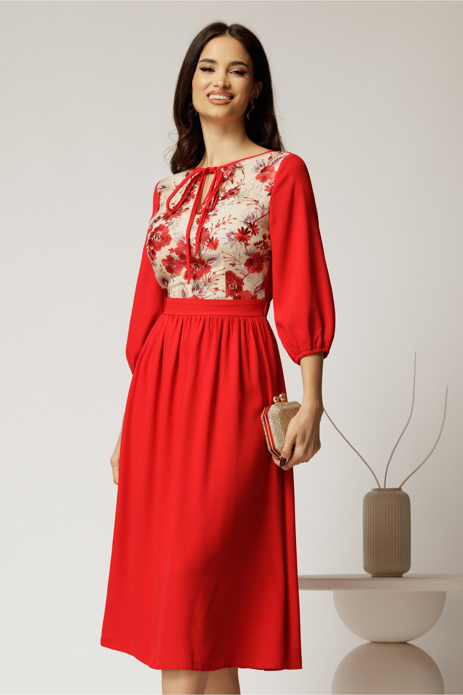 Rochie Cununie Civila Rosie Midi cu Dantela