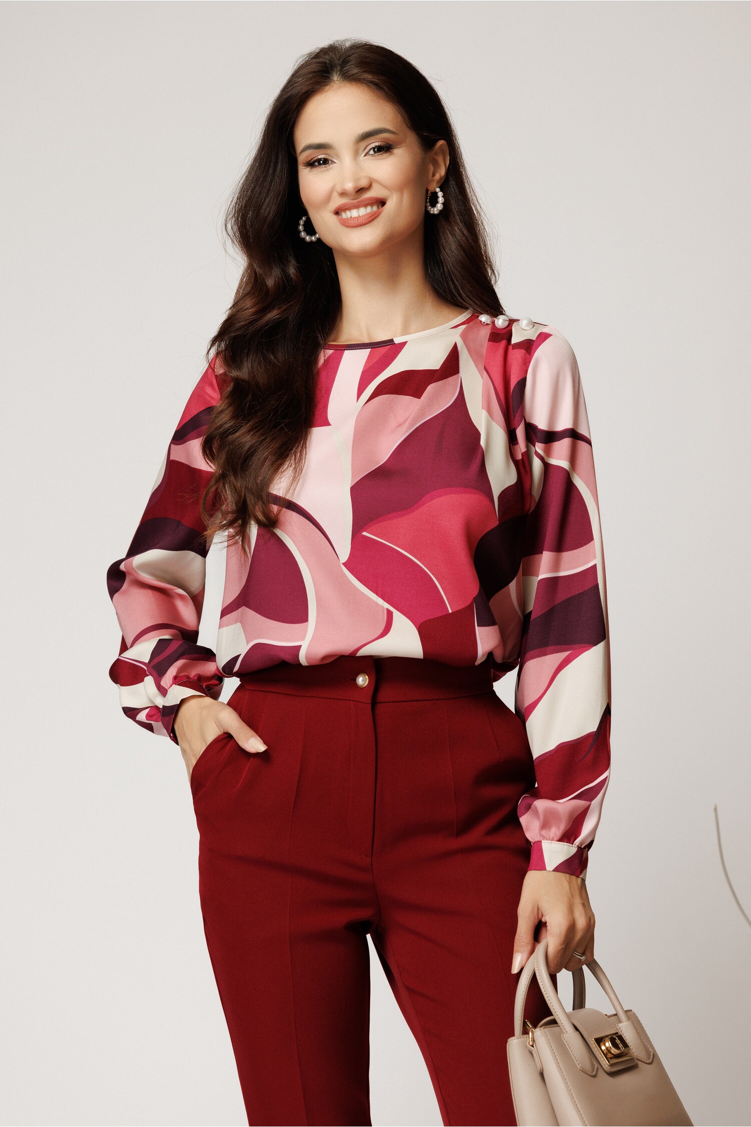 Bluza Roz Voal Satinat cu Perle - Elegantă