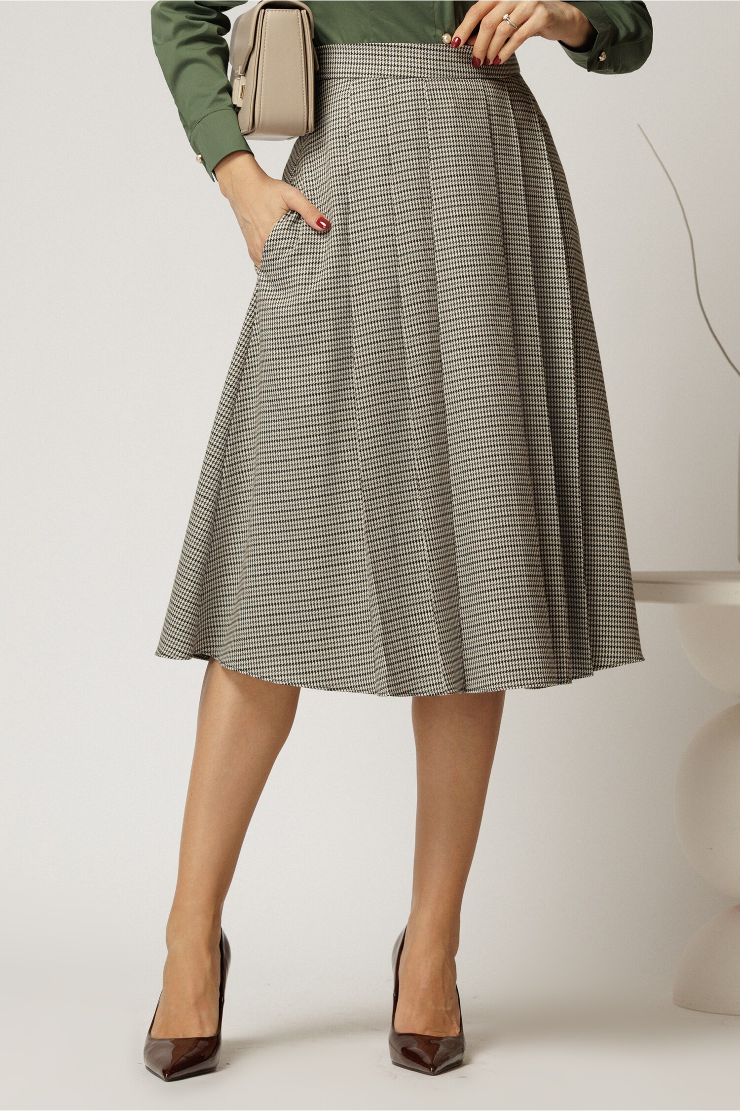 Fusta carou gri-negru cu pliuri | DY Fashion