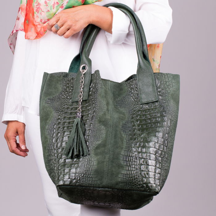 Geanta Shopika Piele Întoarsă Verde Elegantă