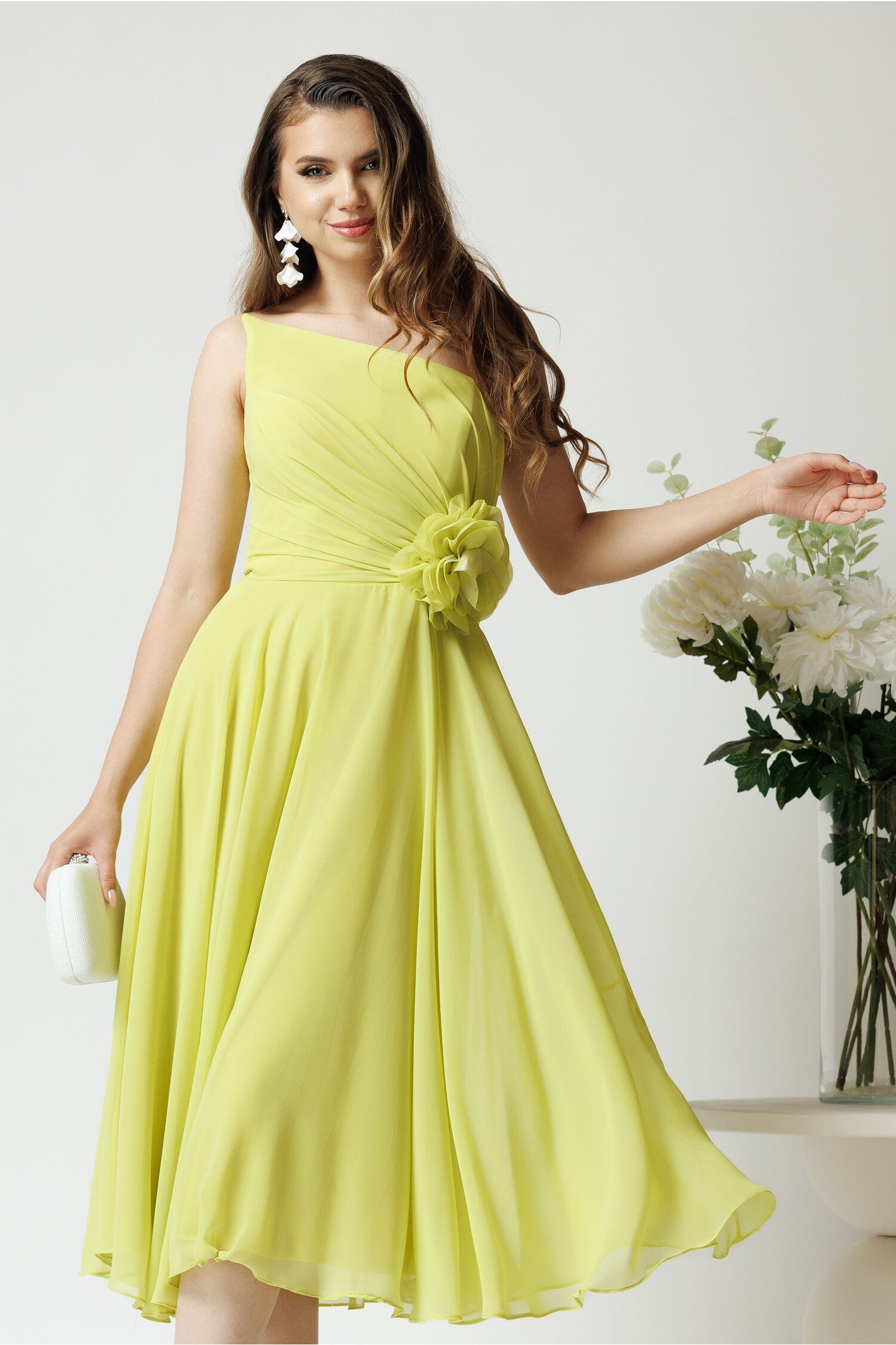 Rochie Voal Verde Lime cu Floare - Cununie Civilă