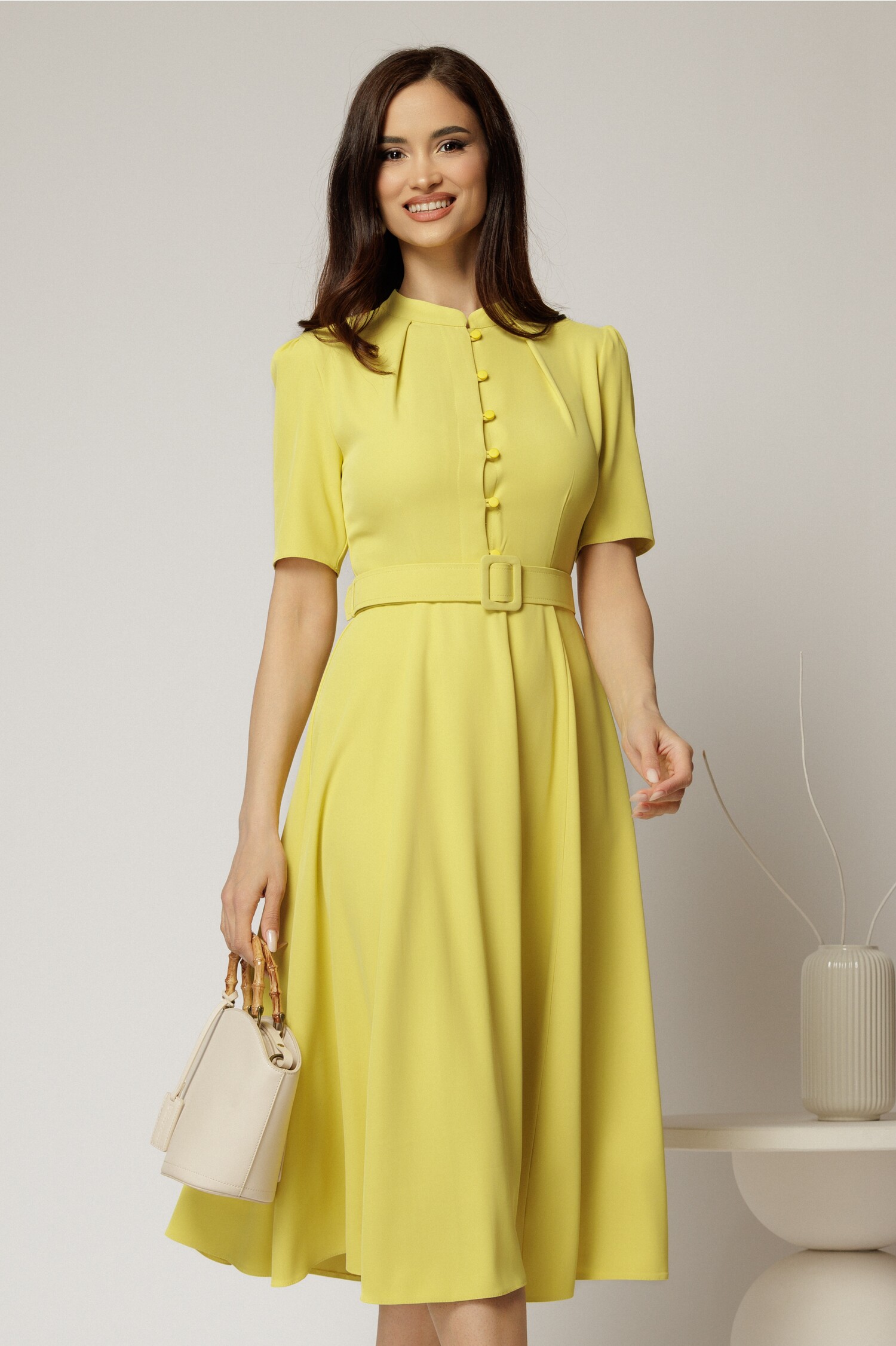 Rochie DY Fashion Midi Galben Lime Clos cu Curea