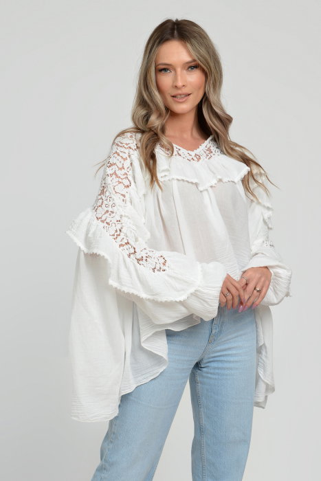 Bluză Boho Oversize Shopika cu Dantelă și Volan