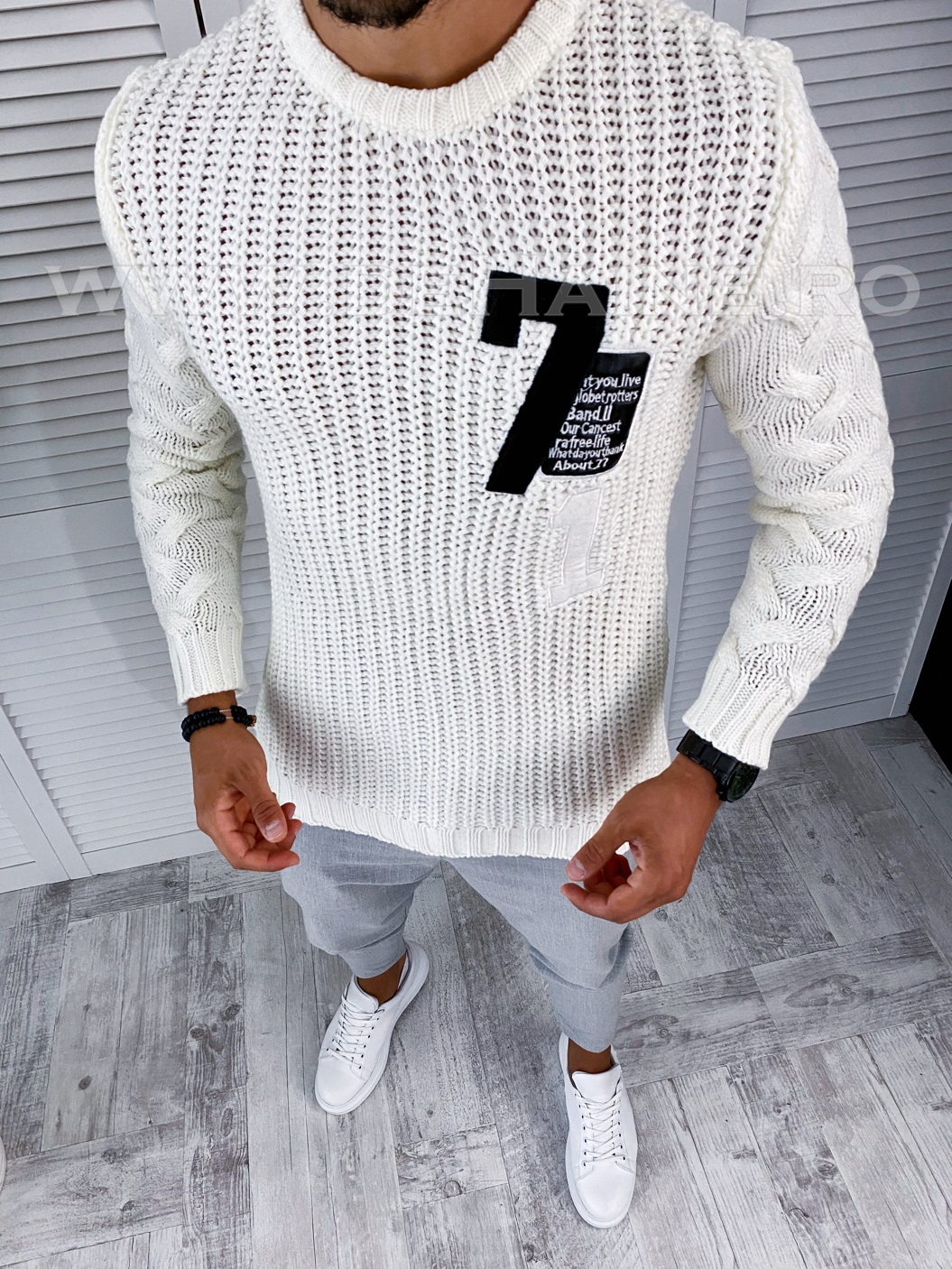 Pulover Barbati Slim Fit Alb, Eleganță Modernă