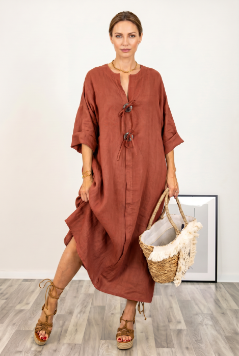 Rochie oversize din in, cu nasturi pe piept, caramizie