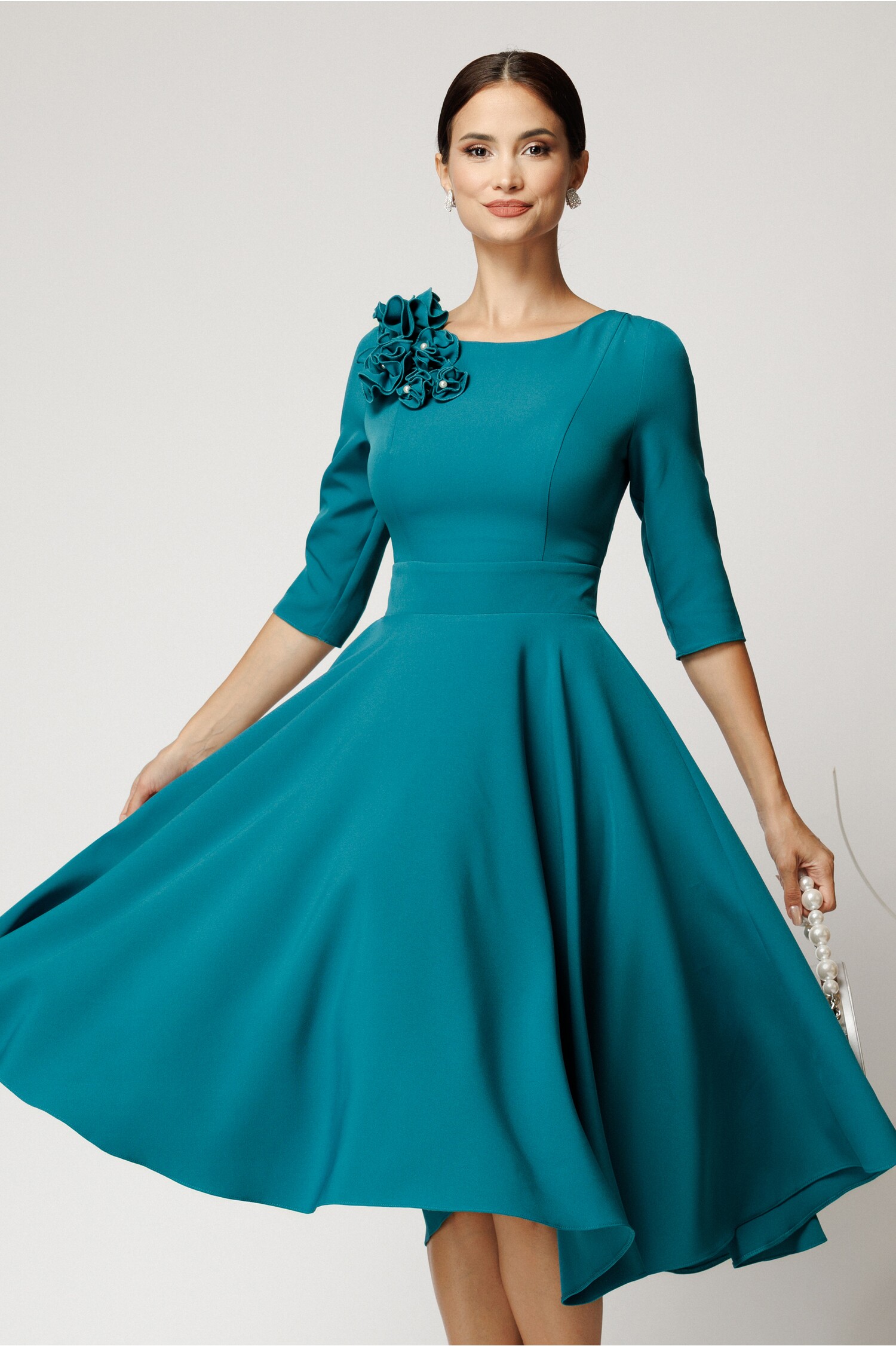 Rochie DY Fashion turcoaz cu floare 3D
