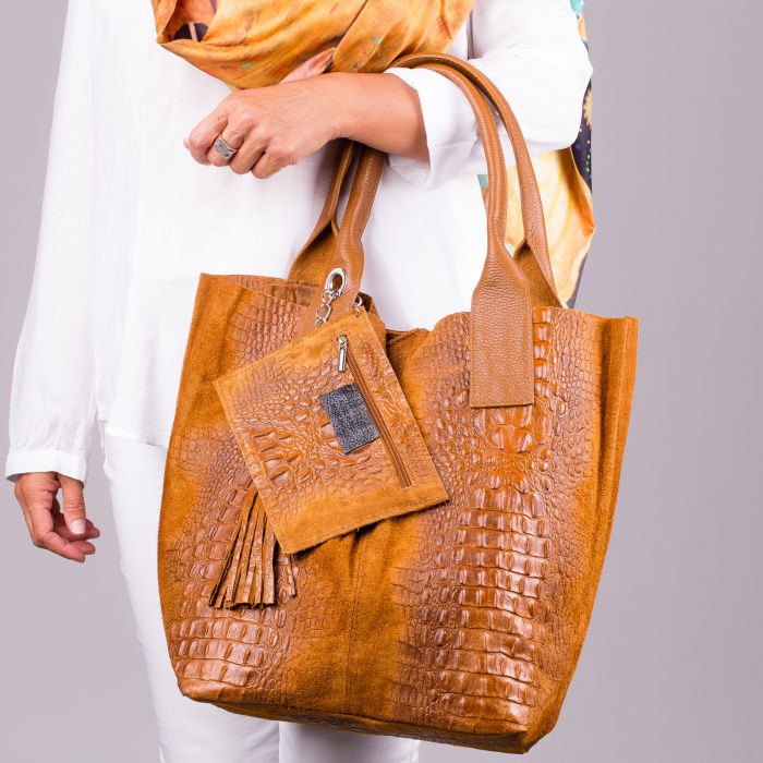 Geanta Shopika Camel Piele Intoarsă Naturală