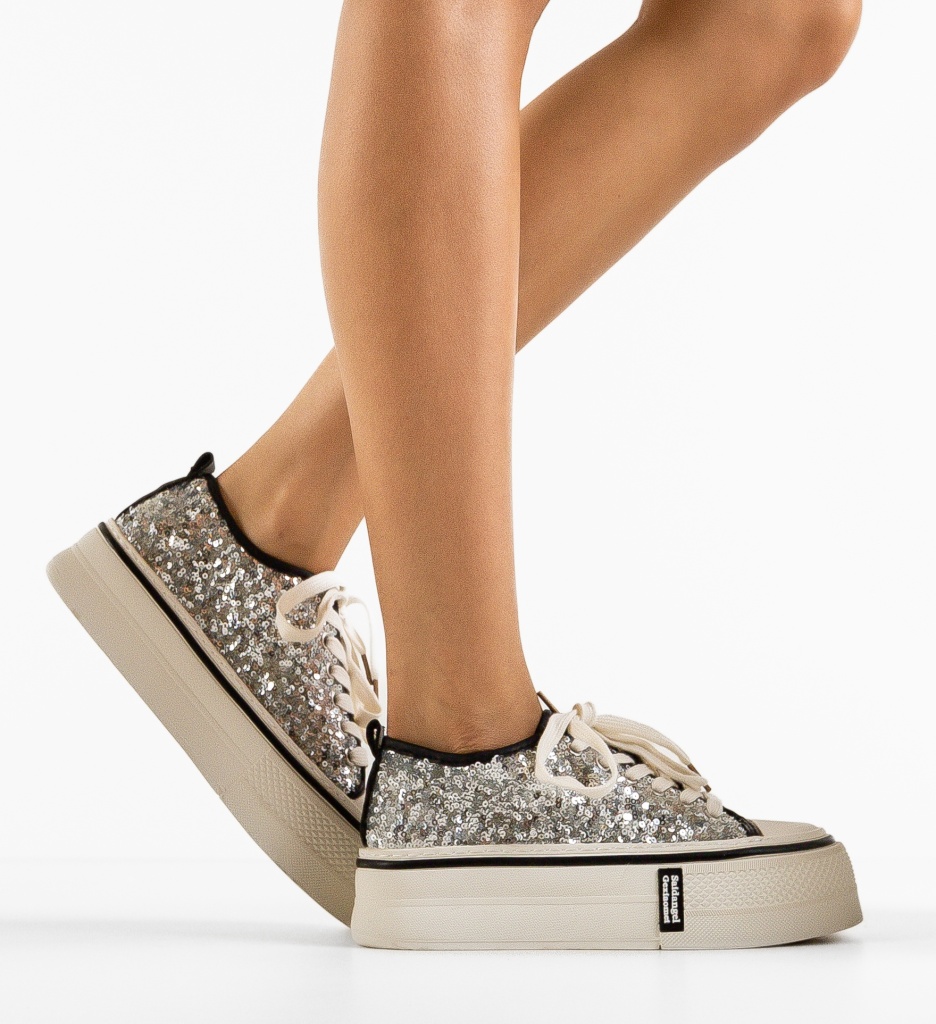 Sneakers Dama Argintii cu Paiete
