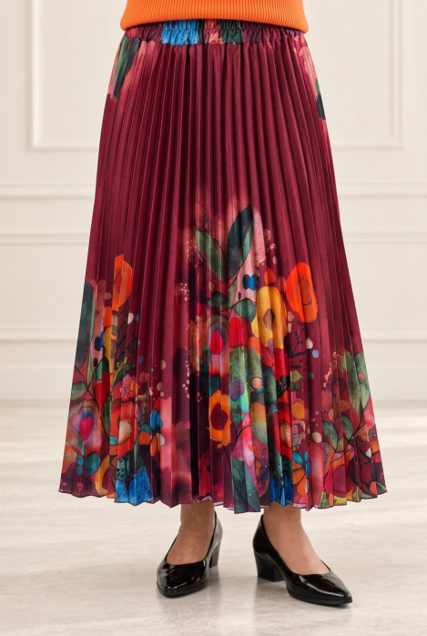Fusta eleganta , plisata bordo, cu imprimeu floral multicolor