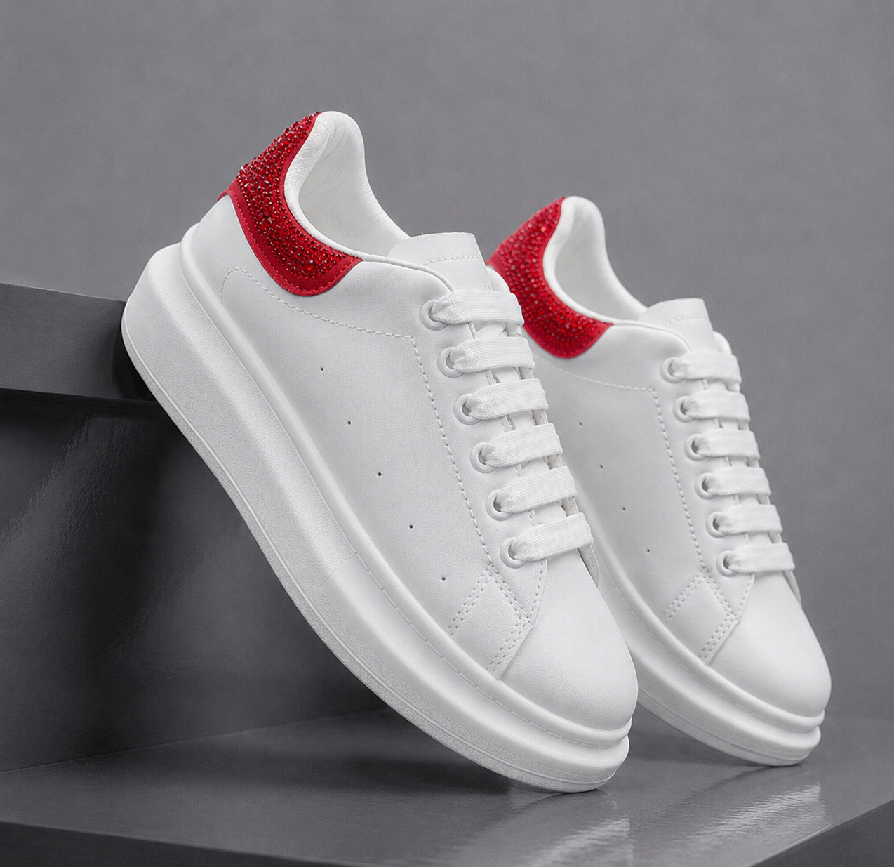 Adidasi dama casual albi cu rosu diamond 111D