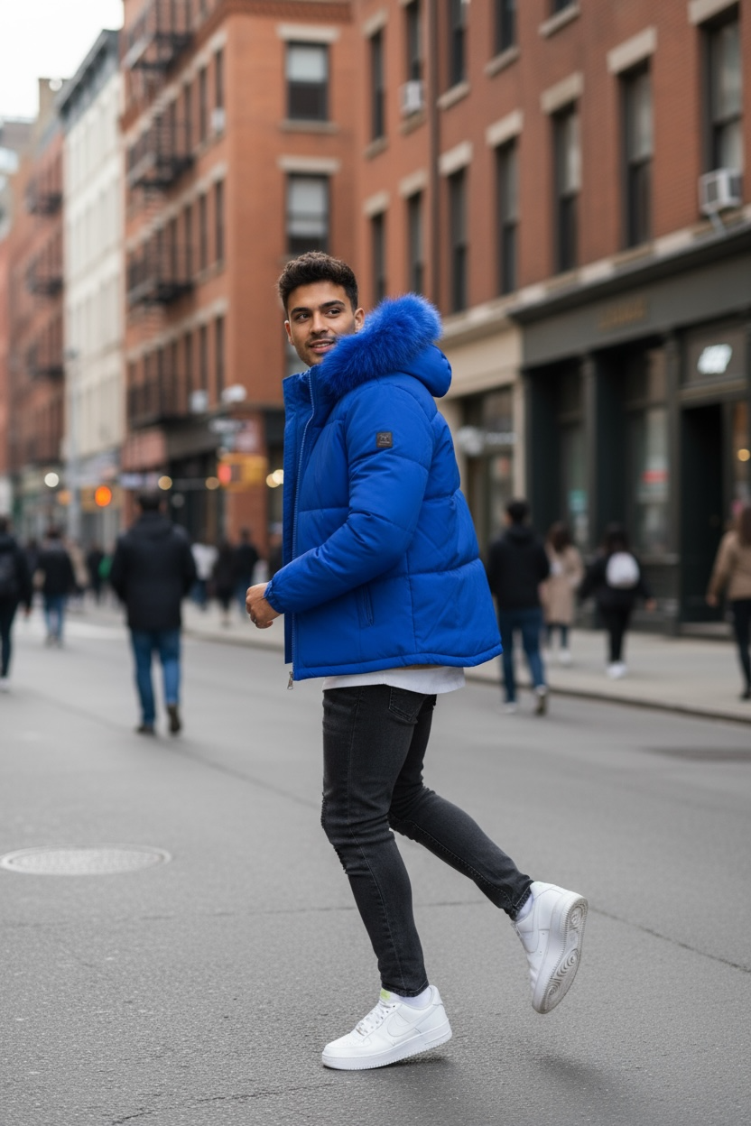 Geacă Bărbați Iarnă Imblănită Albastră Fashion