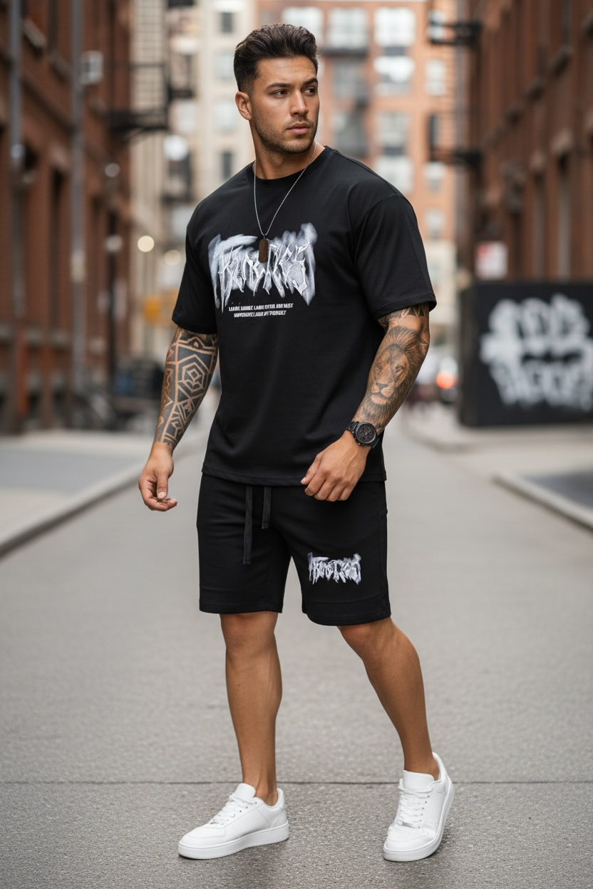 Compleu de vara tricou oversize + pantaloni negru 052 38-1.2
