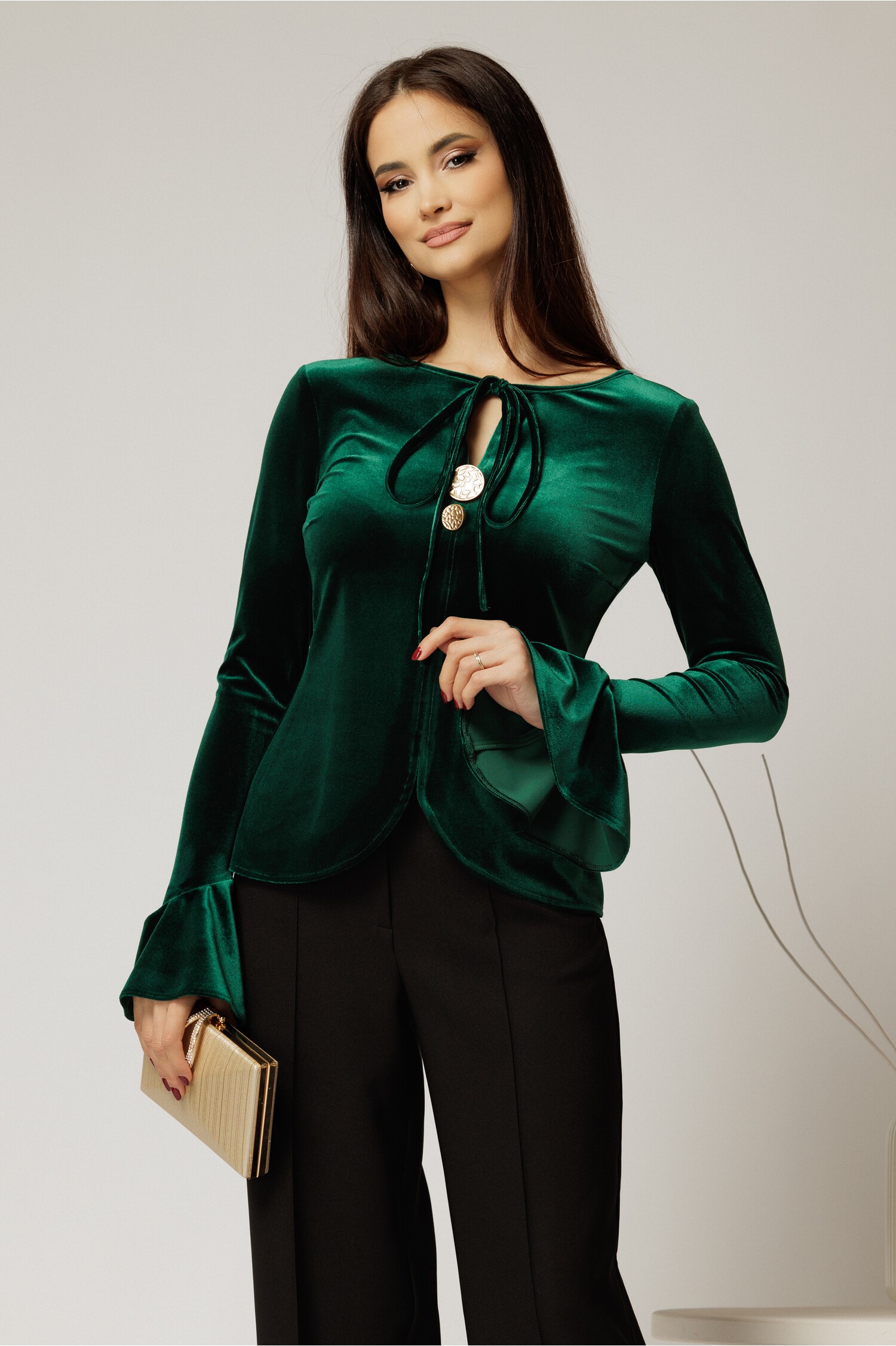 Bluza Catifea Verde Elegantă cu Mâneci Clopot