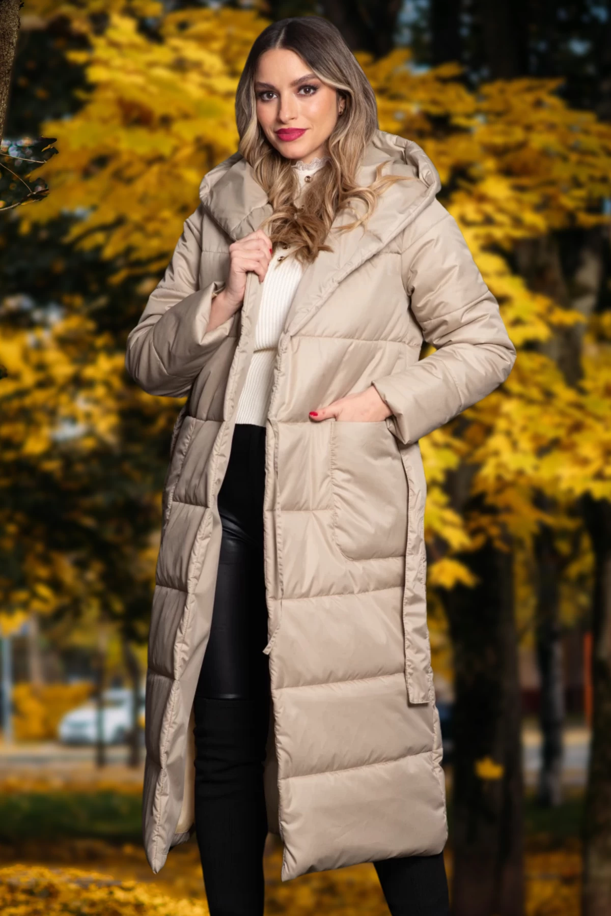 Geaca Matlasata Dante Crem | Gluga si Cordon Talie