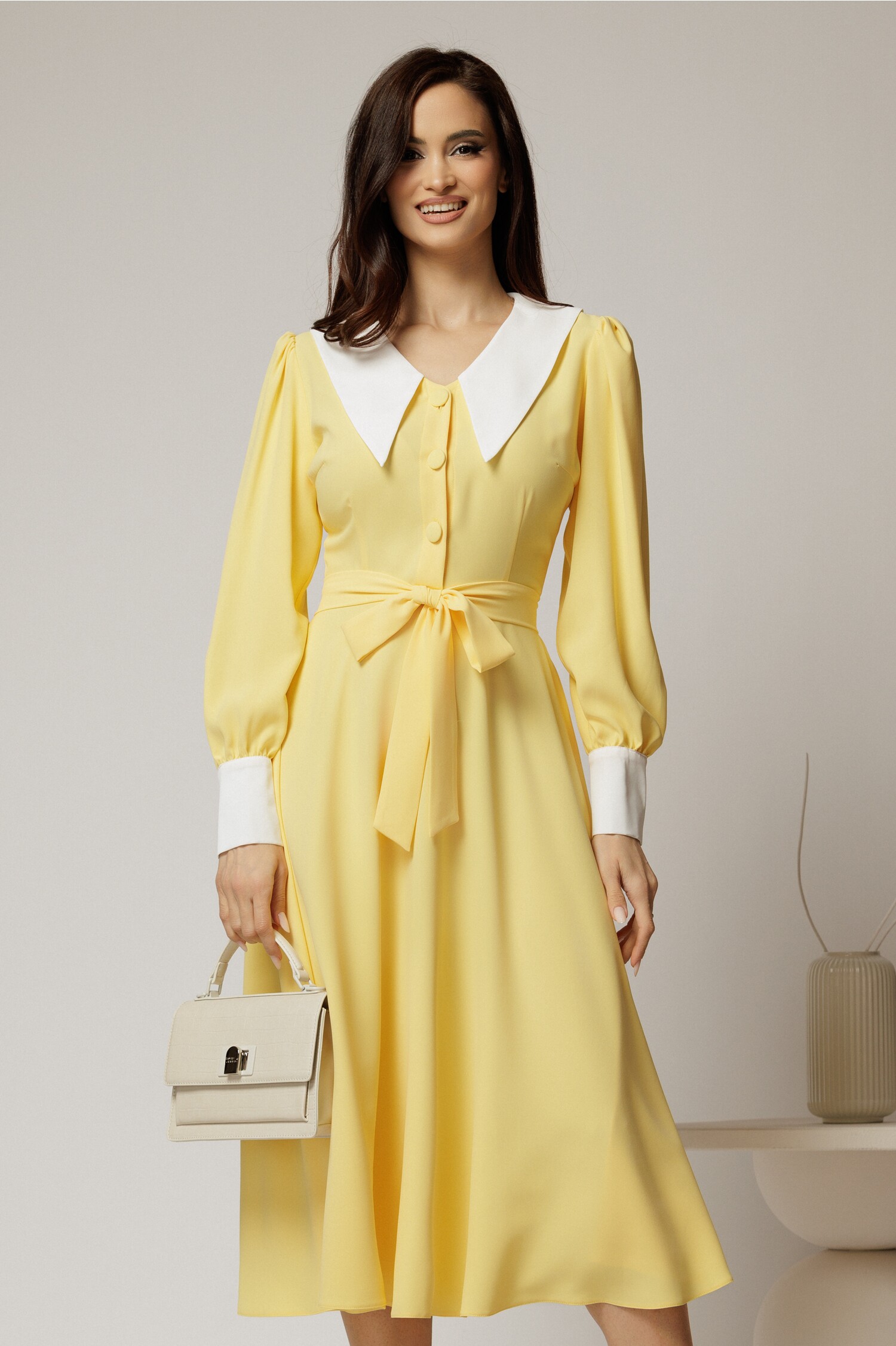 Rochie DY Fashion Midi Galbenă cu Guler în Contrast