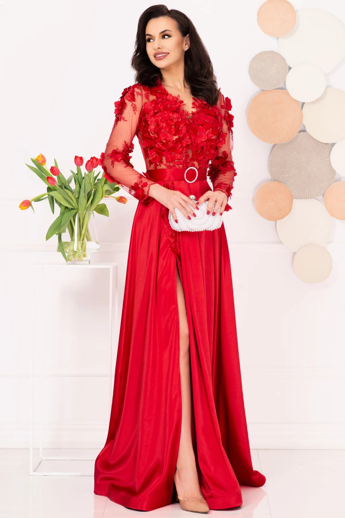 Rochie de seara Chanttal Ofelia cu Flori 3D Rosie