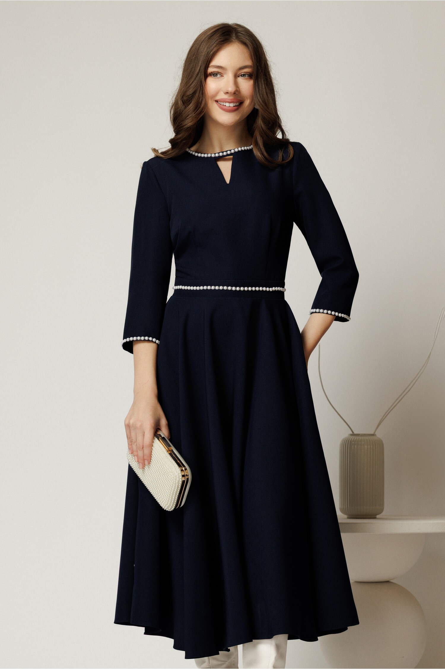 Rochie midi bleumarin cu perle - DY Fashion