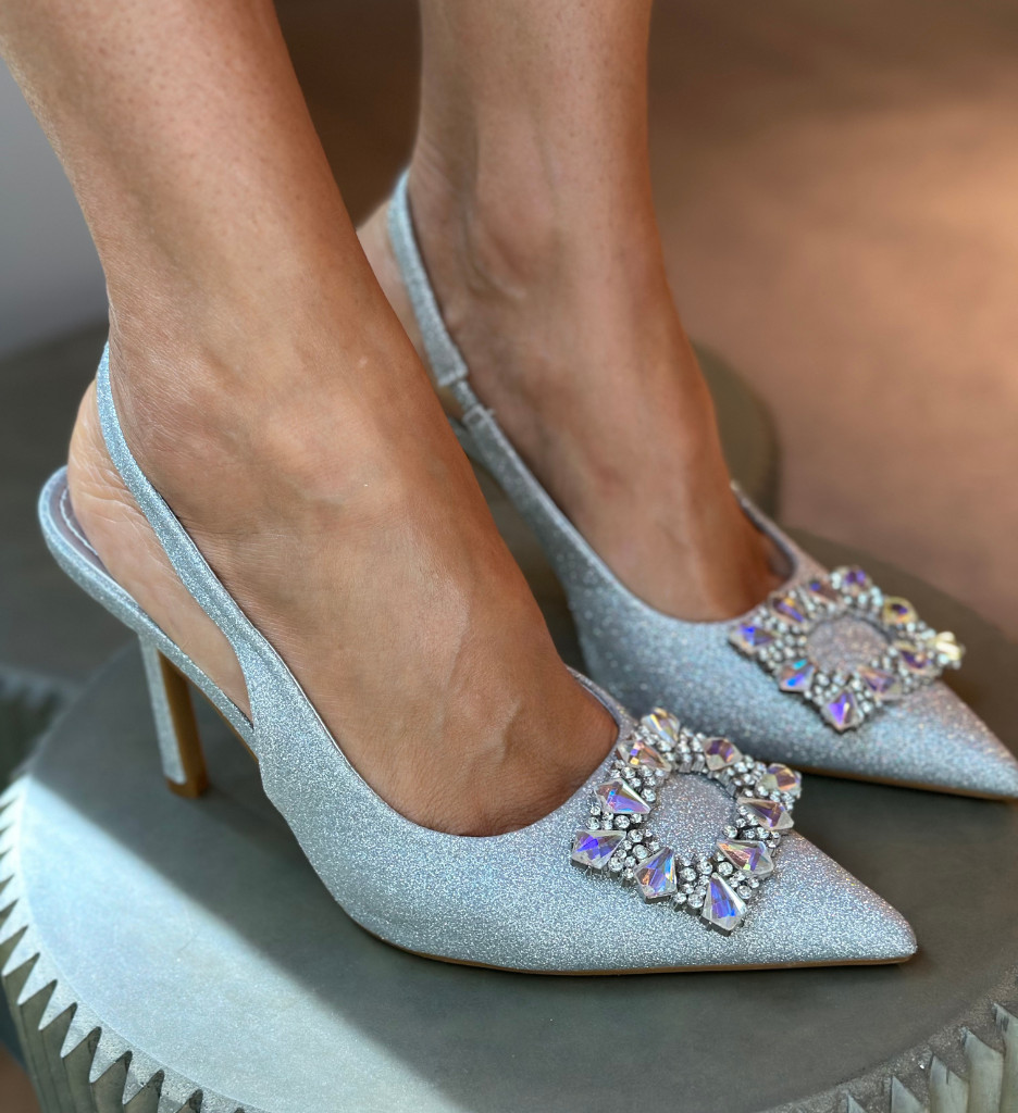 Pantofi Dama Argintii cu Toc | Eleganță Eveniment