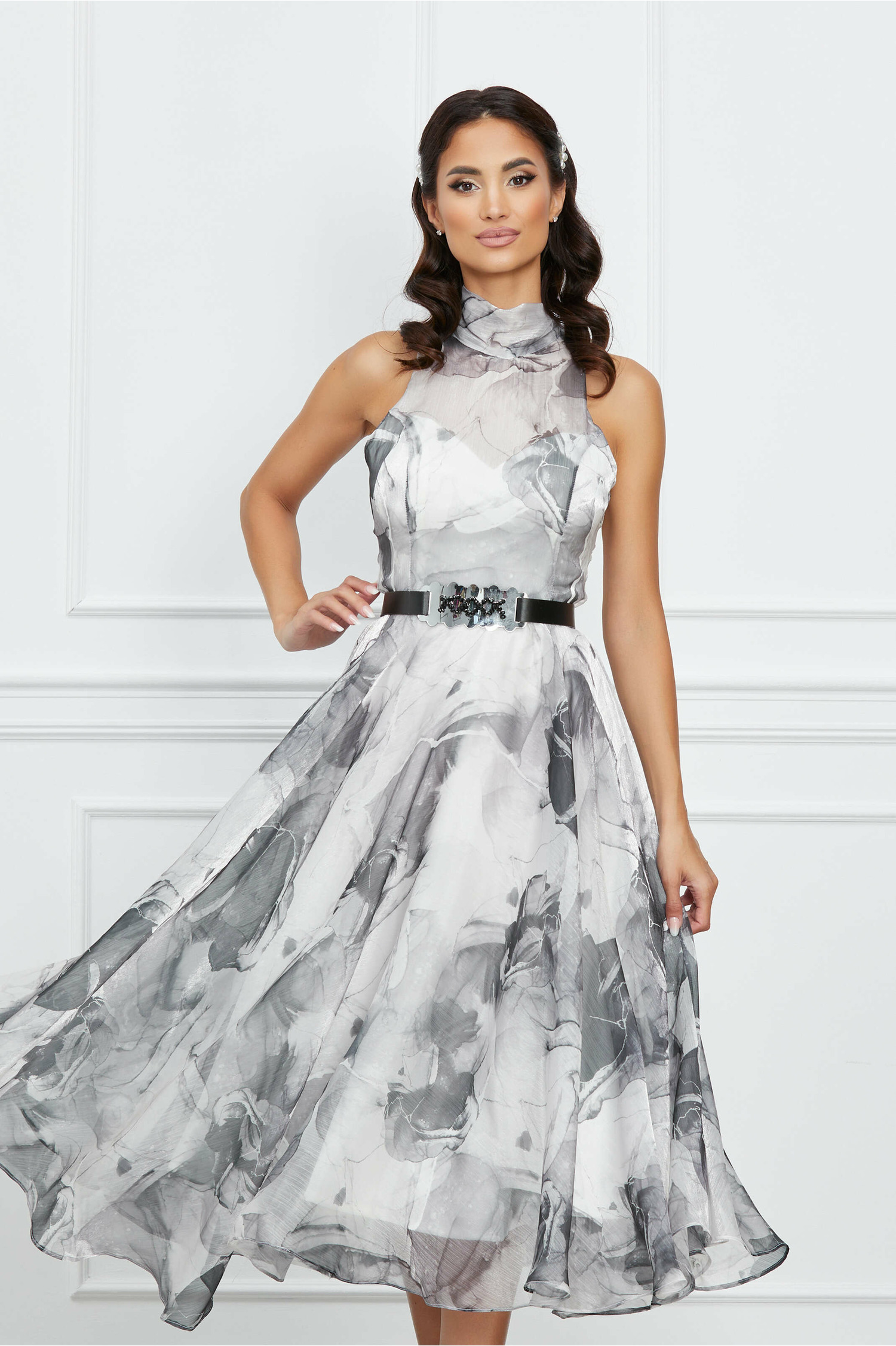 Rochie Adina gri organza eleganta midi