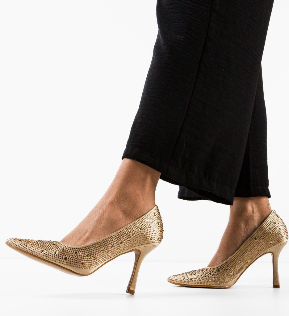 Pantofi Dama Frazer Aurii Eleganți cu Toc - imagine 3