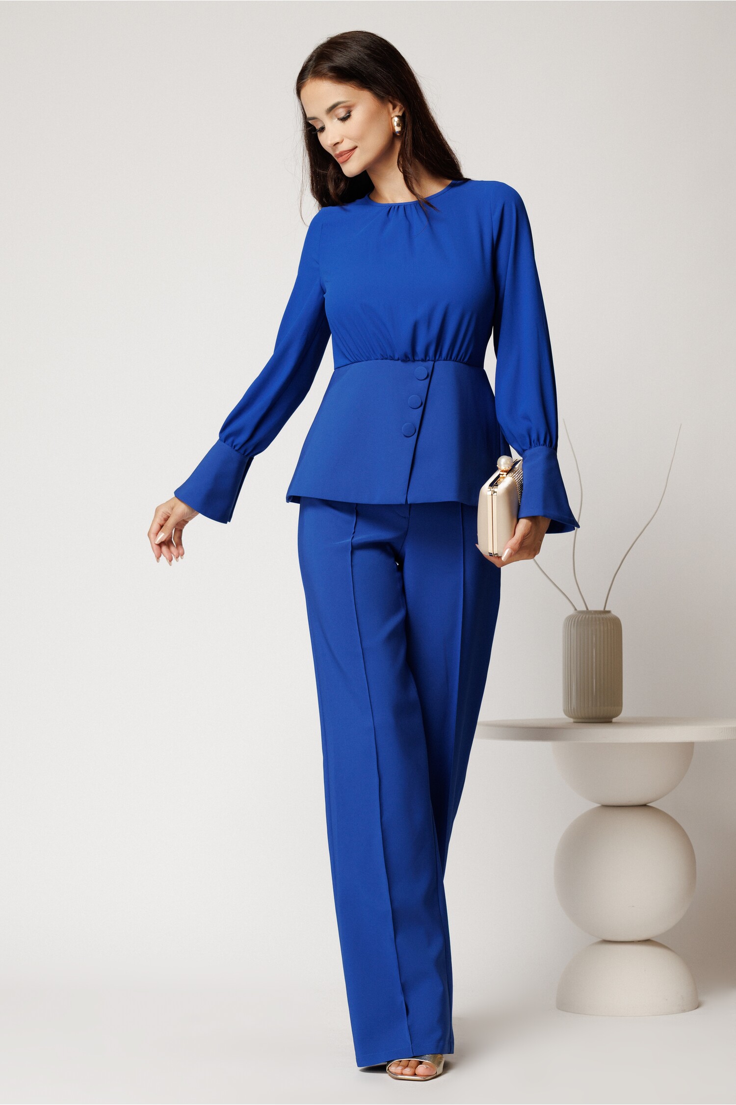 Compleu Stofa Albastru Elegant cu Peplum