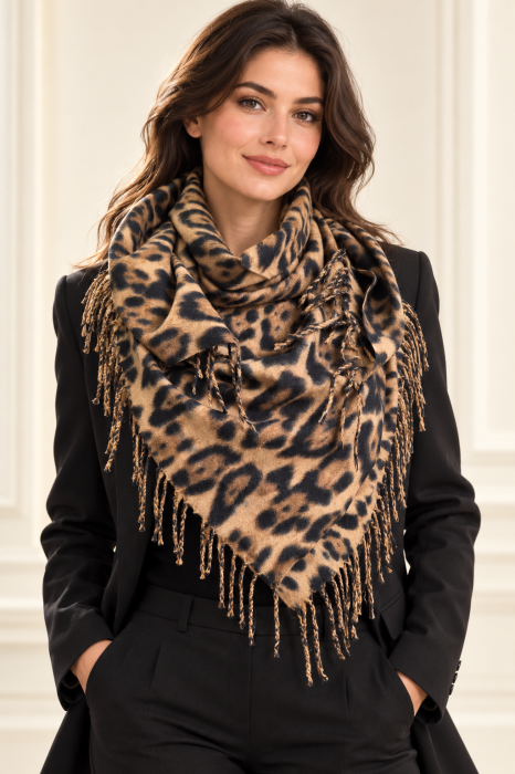 Esarfa patrata mare, imprimeu animal print cu maron, negru si camel