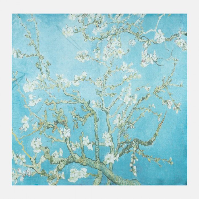 Esarfa patrata cu model inspirat  dupa    Migdal Inflorind   de Van Gogh, albastru deschis