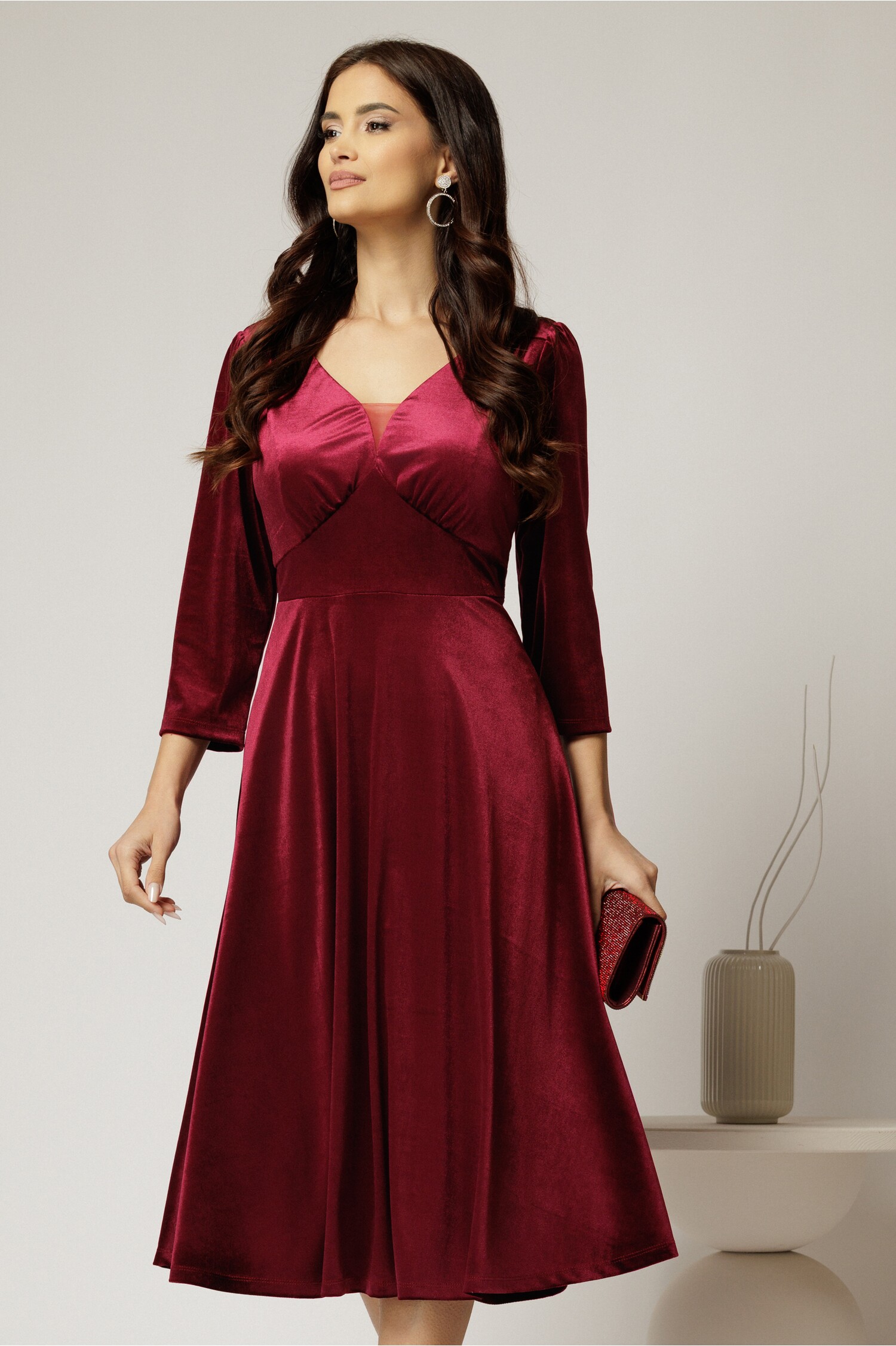 Rochie Midi Catifea Bordo | Eleganță Maximă