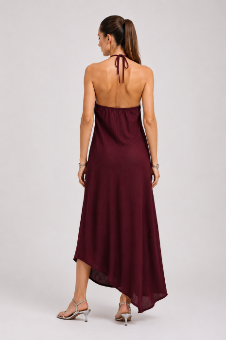 Rochie lunga, asimetrica, din in, cu spatele gol, visiniu