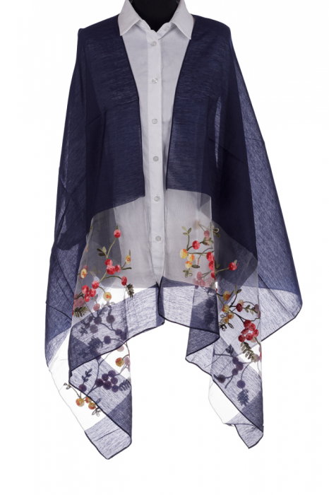 Esarfa din matase bleumarin, cu broderie flori pe fond transparent de organza