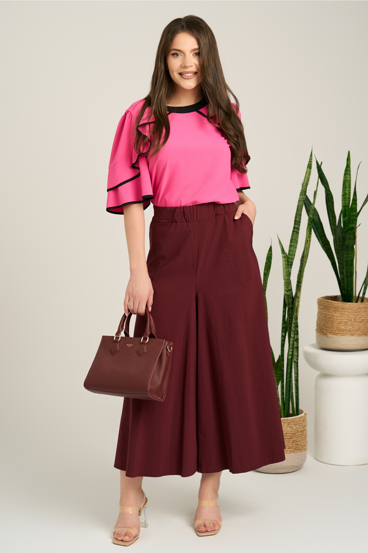 Pantaloni Bordo Viscose cu Elastic Talie