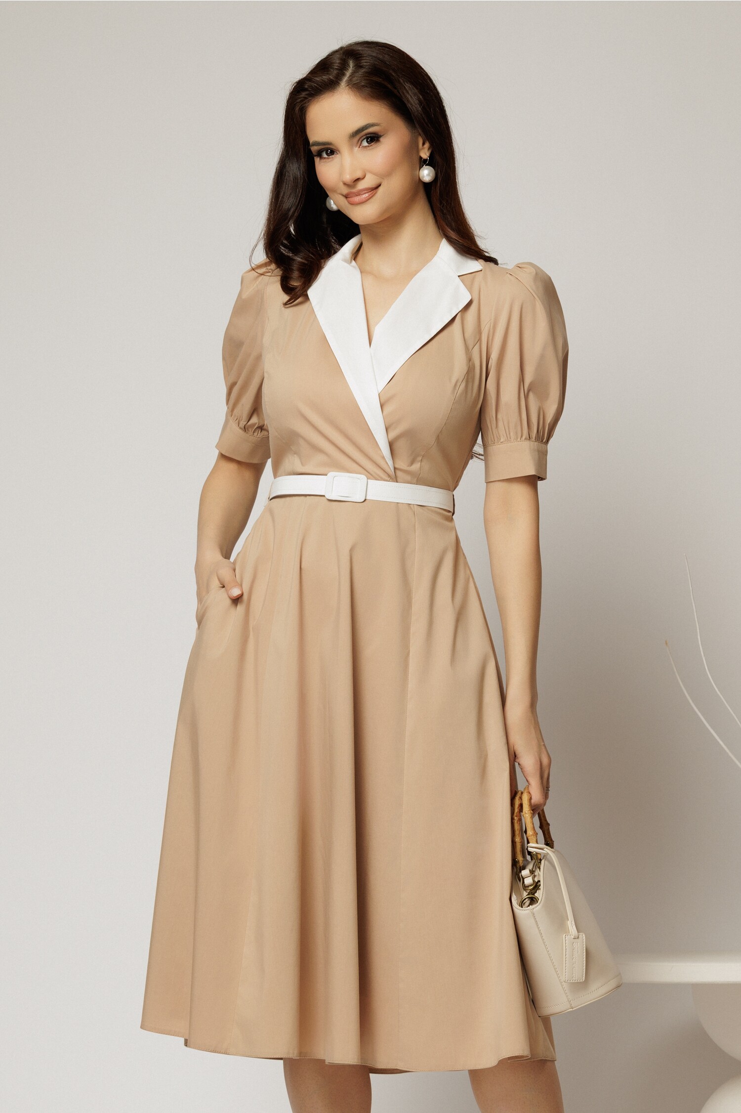 Rochie Bej Poplin DY Fashion cu Curea și Guler Contrast