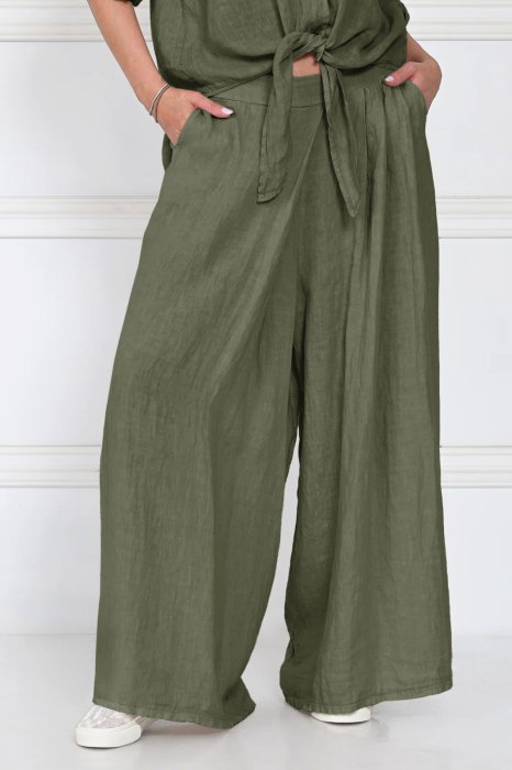 Pantaloni de vara din in cu croiala ampla si pliuri in talie, kaki