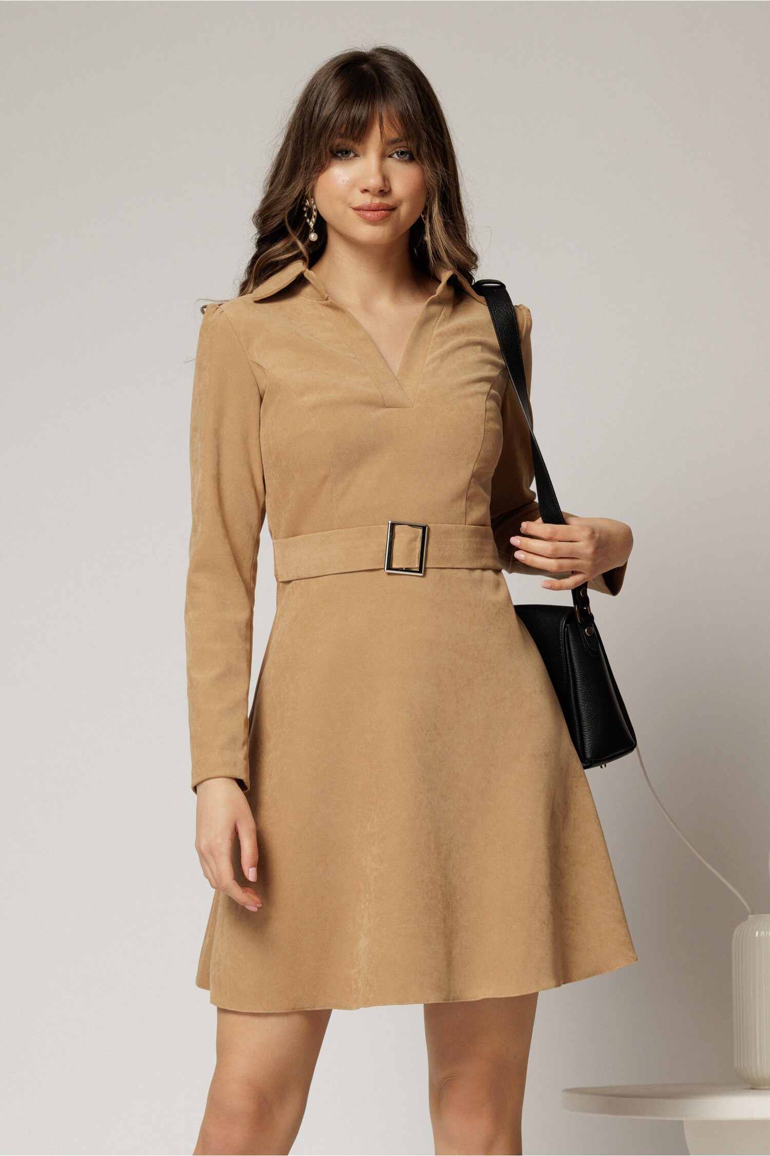 Rochie Bej Catifea Răiată cu Căramă